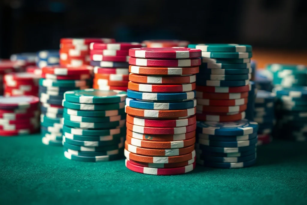 Fiches da poker impilate su panno verde
